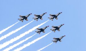 Fighter airplanes with a clear sky backdrop